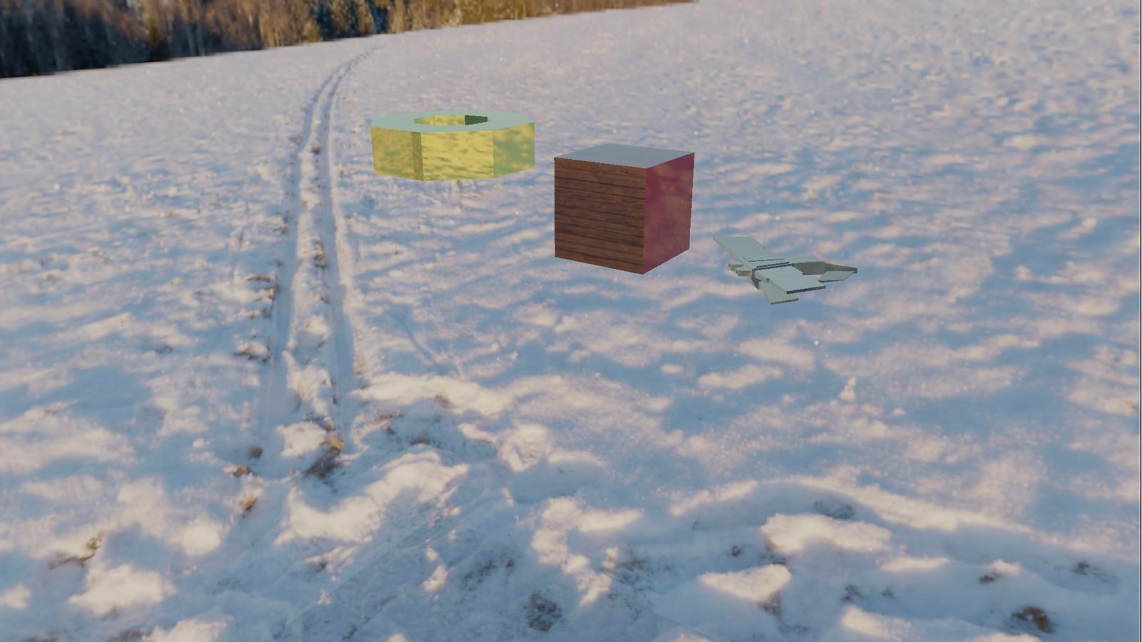 Scène OpenGL montrant un cube texturé, un tore et un modèle d’avion dans un environnement cubemap enneigé.
